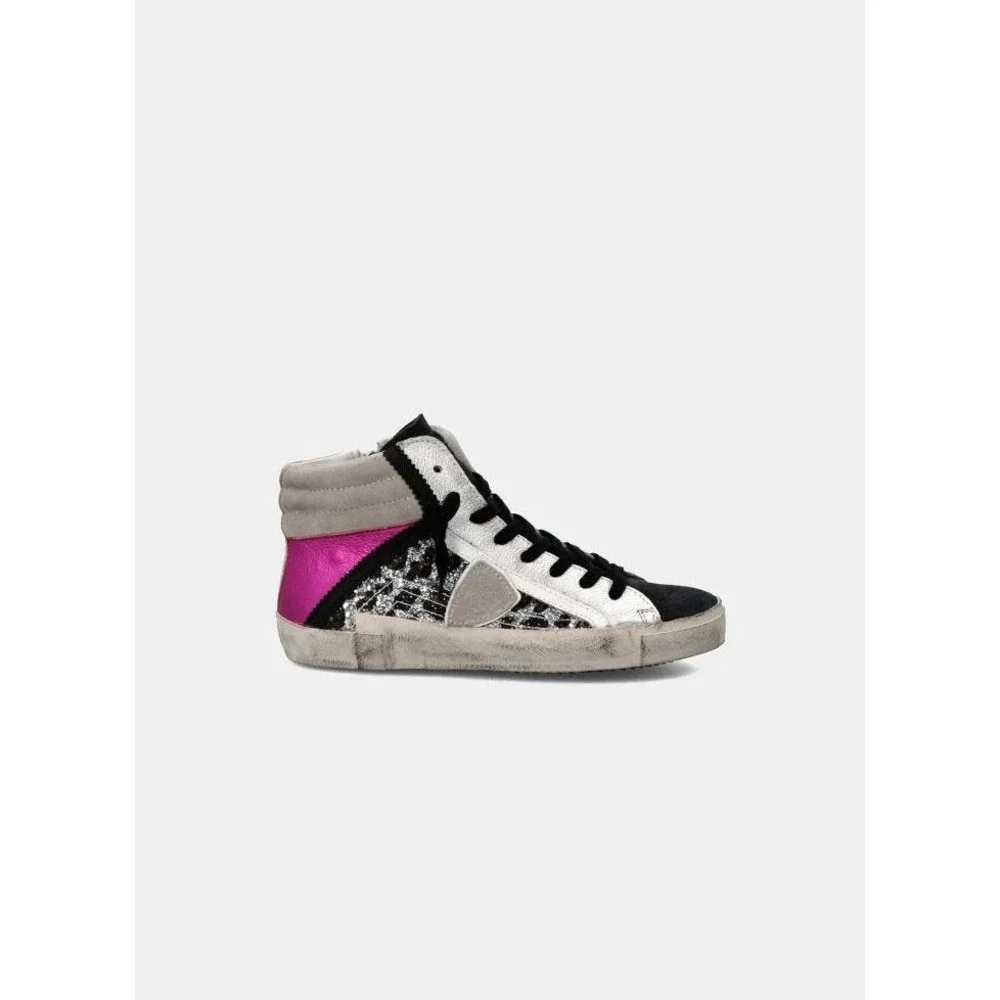 Philippe Model Paris PRSX High Woman Glitter Leo Metal‎ Argent Rose Sneakers 38